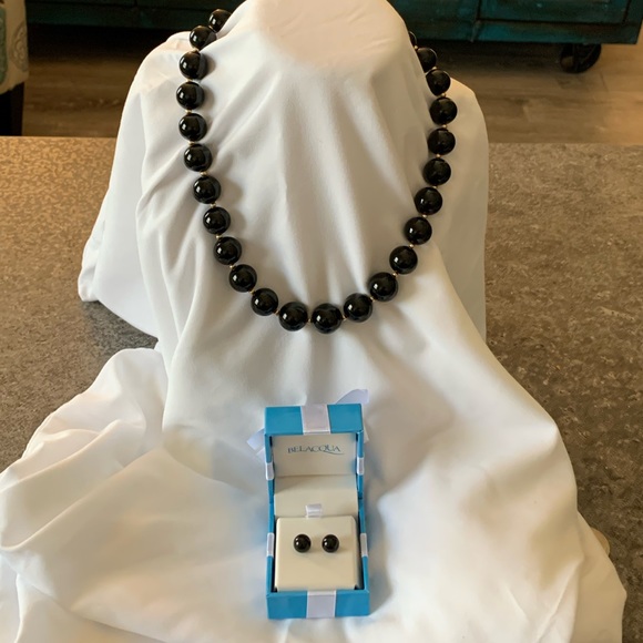 Belacqua Jewelry - Vintage Belacqua 18 in Black Onyx with Gold Beads Necklace and Earrings